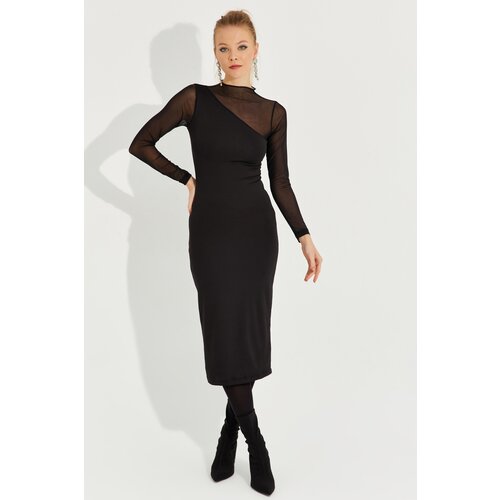 Cool &amp;amp; Sexy Women&amp;#039;s New Year Black Tulle Detailed Asymmetrical Midi Dress Slike