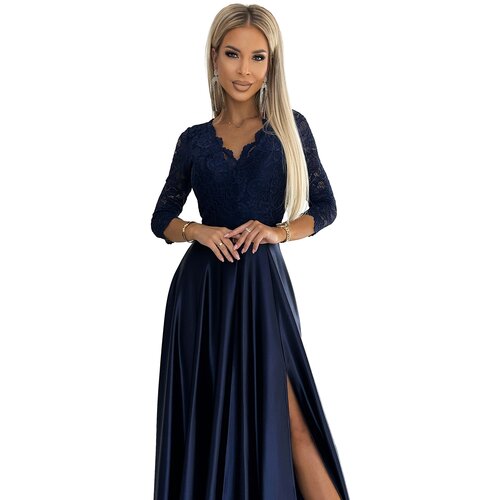 Numoco Lace Long Satin Dress with Neckline Slike