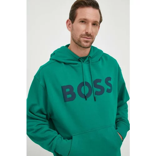 BOSS Orange Bombažen pulover moški, zelena barva, s kapuco