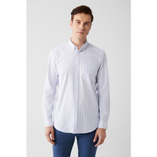 Avva Men's Light Blue 100% Cotton Oxford Buttoned Collar Striped Standard Fit Regular Fit Shirt Cene