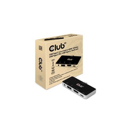Mini docking station Club 3D USB TYPE C 3.1 GEN 1 TO HDMI 2.0B + 1 USB 2.0 TYPE A + USB C CHARGE UP TO 100W + 1 COMBO AUDIO JACK FEMALE CSV-1591 Slike