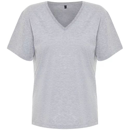 Trendyol Gray Melange Oversize V-Neck Knitted T-Shirt