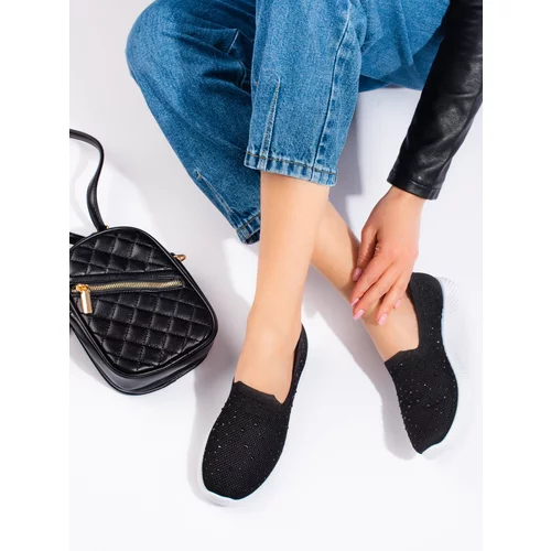 SHELOVET Black Fabric Slip-on Shoes With studs