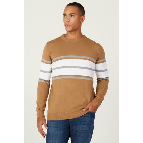 ALTINYILDIZ CLASSICS Men's Light Brown-Cream Standard Fit Regular Fit Crew Neck Striped Knitwear Sweater Slike