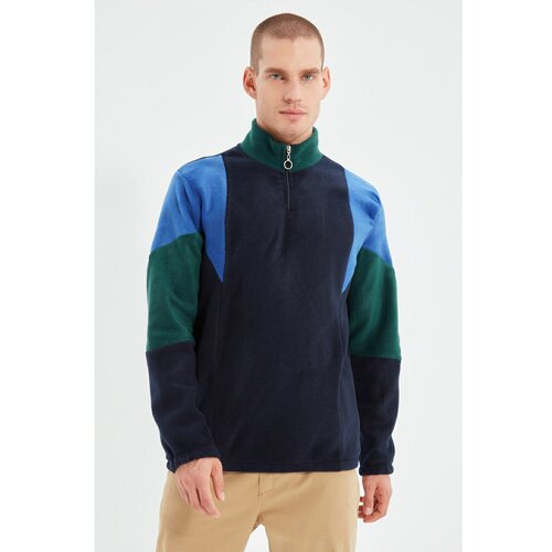 Trendyol navy men regular fit zipper stand up collar long sleeve paneled sweatshirt Cene
