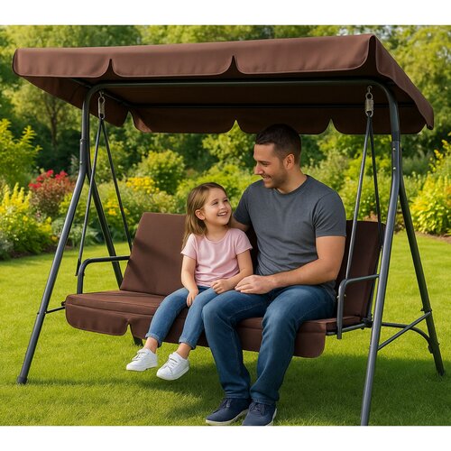 Lean Toys Vrtna gugalnica za tri osebe s streho, prostostoječa, rjava Slike