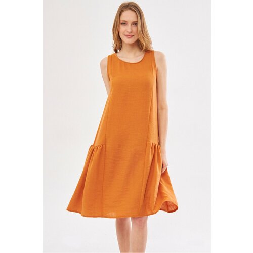 armonika Women's Orange Pickled Side Gathered Sleeveless Linen Look Midi Length Slike
