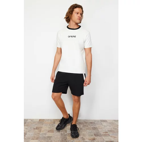 Trendyol Ecru-Black Men's Regular/Normal Cut Fluffy Letter Print T-Shirt-Shorts Tracksuit Set