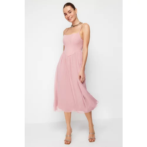 Trendyol Pale Pink Waist Opening/Skater Lined Bodice Detailed Tulle Elegant Evening Dress