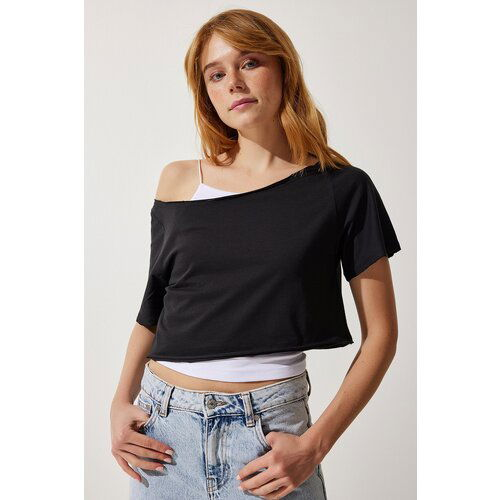 Happiness İstanbul Women's Black Boat Neck Basic Crop Knitted T-Shirt Slike