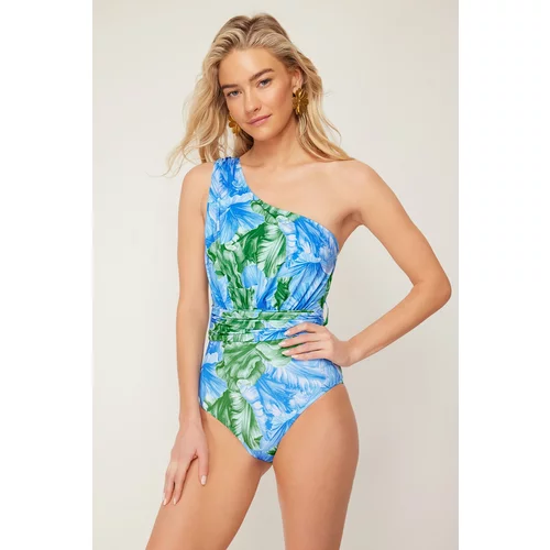 Trendyol Floral Pattern One-Shoulder Draped Swimsuit