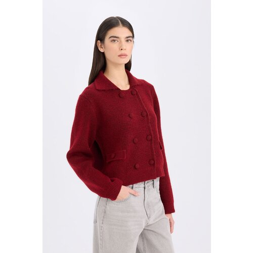 Defacto Regular Fit Polo Collar Basic Plain Buttoned Knitwear Cardigan Slike