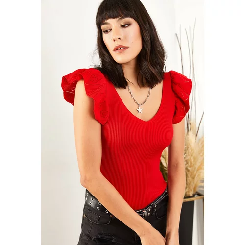 Olalook Women's Red Front Back V-Shoulder Frilly Knitwear Blouse