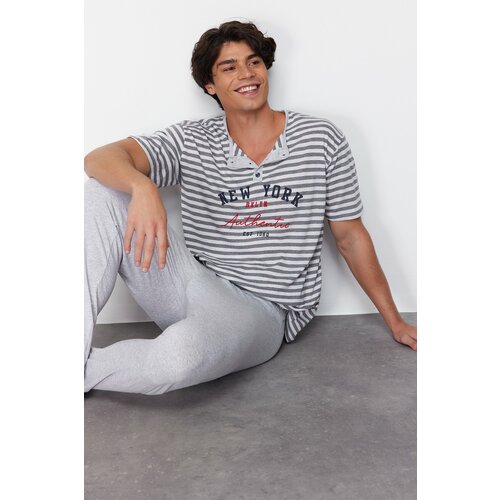 Trendyol Men's Gray Regular Fit Striped Knitted Pajamas Set Cene