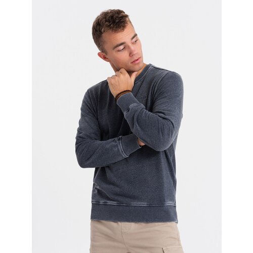 Ombre Washed men&amp;#039;s sweatshirt with decorative stitching at the neckline - navy blue Slike