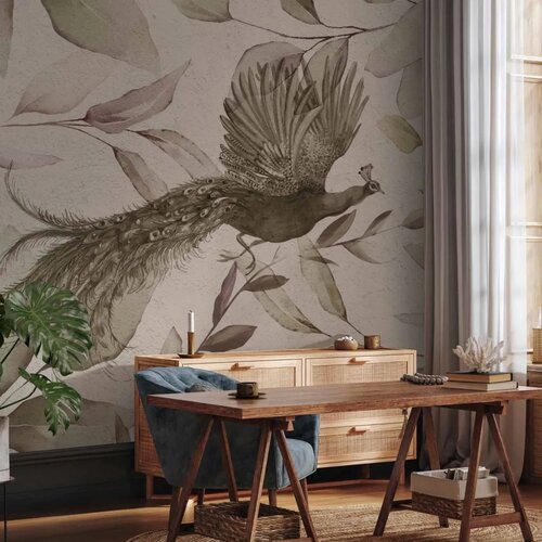  Foto tapeta - Bird among the leaves - floral motif with a flying peacock in cool tones 500x350 Standard Cene