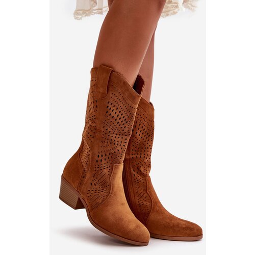 Kesi Openwork women&amp;#039;s ankle boots Cowgirls on heel Camel Iceda Slike