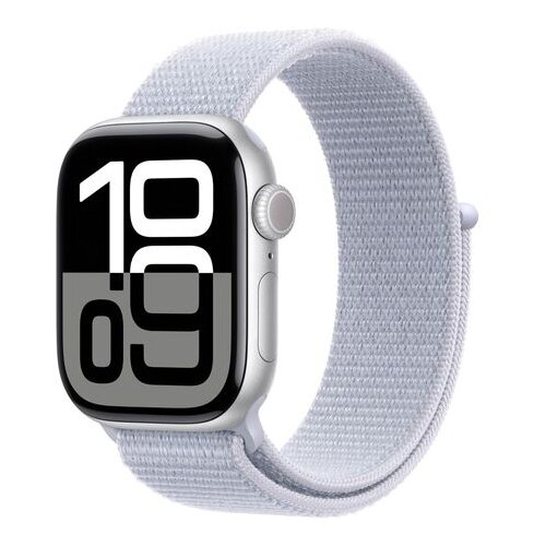 Apple Watch Series 10 [GPS 46mm case] Smartwatch with Silver Aluminium Case with Blue Cloud Sport Loop. Fitness Tracker, ECG App, Always-On Retina Display, Carbon Neutral Cene