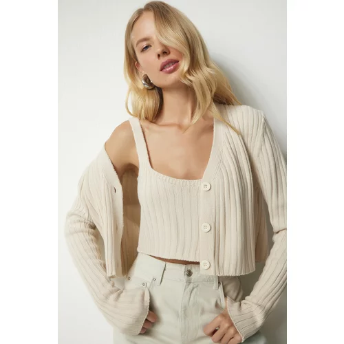 Happiness İstanbul Women's Cream Knitted Sweater Bustier Cardigan Suit