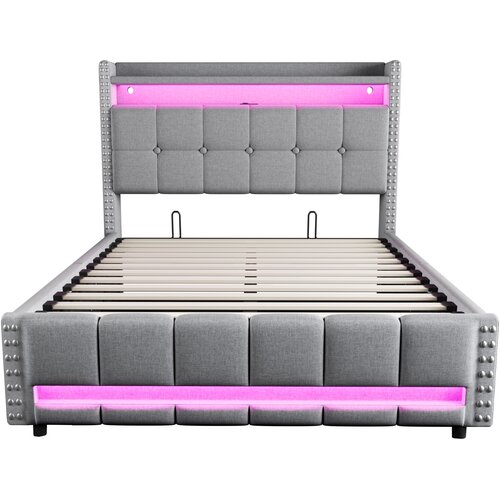 Lumor Oblazinjena postelja s predalom 140x200 cm – z LED osvetlitvijo + USB priključkom – z odlagalnimi policami – lan – siva, (22151387) Cene