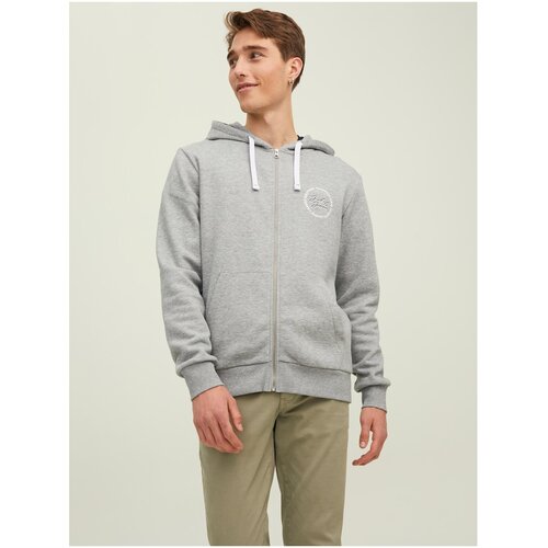 Jack & Jones Light Grey Brindle Hoodie Zippered Stamp - Mens Cene