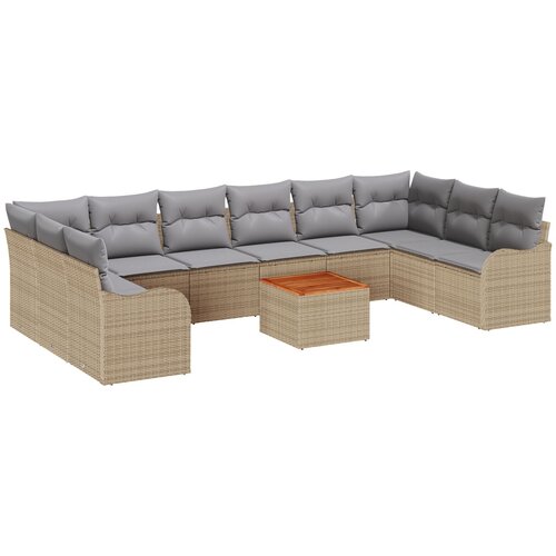 VidaXL 10-dijelni vrtni set sofa s jastučićima bež poli ratan akacija, 2-sjedna vrtna sofa s jastučićima bež poli ratan Slike