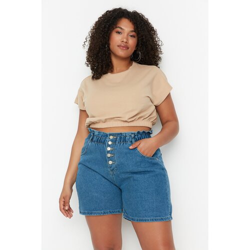 Trendyol Curve Blue High Waist Elastic Front Buttoned Jean Shorts Slike