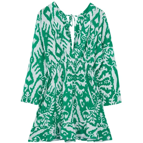 Trendyol Curve Green Ethnic Patterned Spanish Sleeve Skater Mini Woven Beach Dress