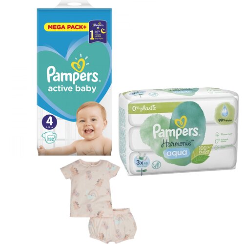 Pampers Pelene Active baby 4, MB, 9-14 kg, 132/1+Vlažne maramice Harmonie, 3x48 komada+DeFacto Pidžama za devojčice, Svetloroze Cene