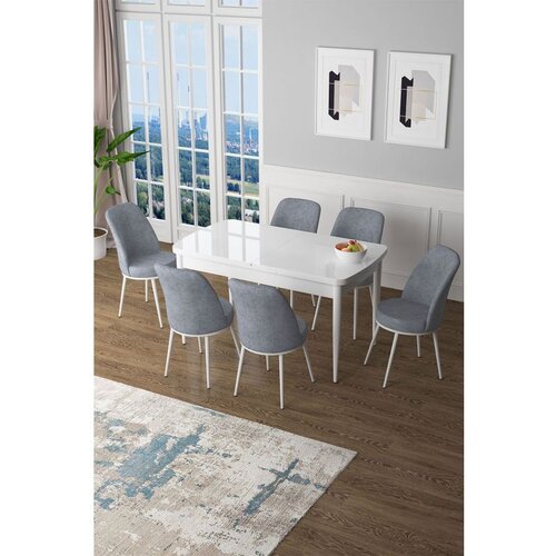 Hanah home Zen - White, Grey WhiteGrey Extendable Dining Table & Chairs Set (7 Pieces) Cene