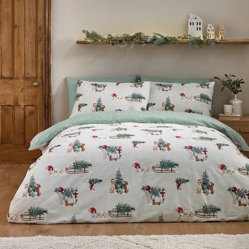 Catherine Lansfield Zelena/u prirodnoj boji flanelska posteljina za bračni krevet 200x200 cm Brushed Christmas Dogs – Cene