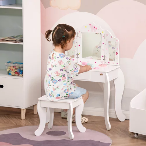 HOMCOM Otroška toaletna mizica z lesenim stolčkom, mizica za ličenje s trojnim ogledalom in predalom, 63x40x85,5 cm, bela, (20755519)