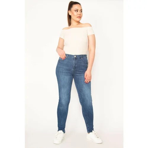 Şans Women's Plus Size Navy Blue Washed Effect 5 Pocket Lycra Jeans