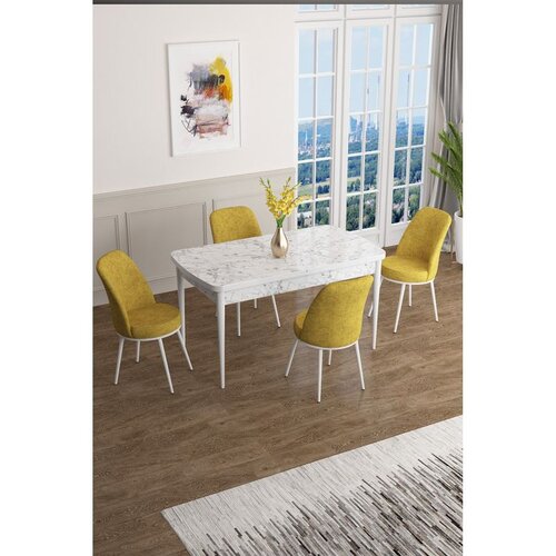 Hanah home trpezarijski set Han, sto na razvlačenje i 4 stolice, ploča u dekoru belog mermera, senf žuta tkanina Jerry Cene