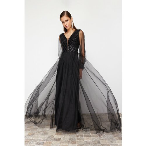 Trendyol Black Sequin Sequin Detailed Tulle Long Evening Dress Slike