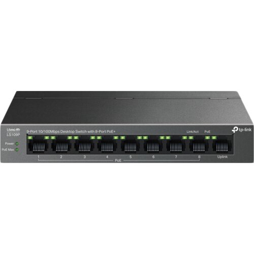 Tp-link LS109P 9-Port 10/100 Mbps Desktop Switch with 8-Port PoE+, 8&times; 10/100 Mbps PoE+ Ports, 1&times; 10/100 Mbps Non-PoE Port, 802.3at/af, 63 W PoE Power, Desktop Steel Case, Extend Mode for 250m Cijene
