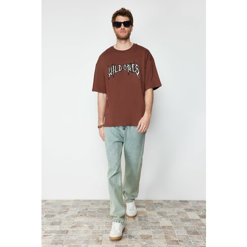 Trendyol Brown Men's Oversize Custom Embroidered 100% Cotton T-Shirt Slike