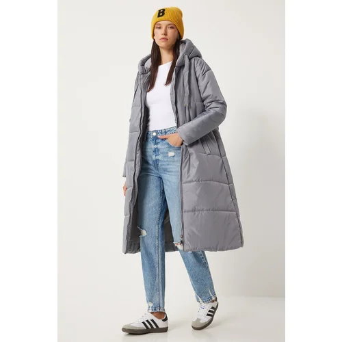 Happiness İstanbul Women's Gray Hooded Long Puffer Coat