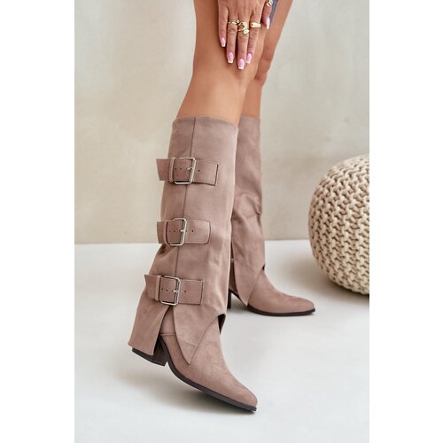 FB2 Knee High Heeled Boots With Folded Shaft And Buckles Beige Vamissa Cene