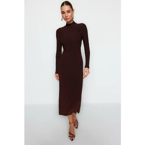 Trendyol Brown Stand-Up Collar Fitted/Slippery Knitted Maxi Dress