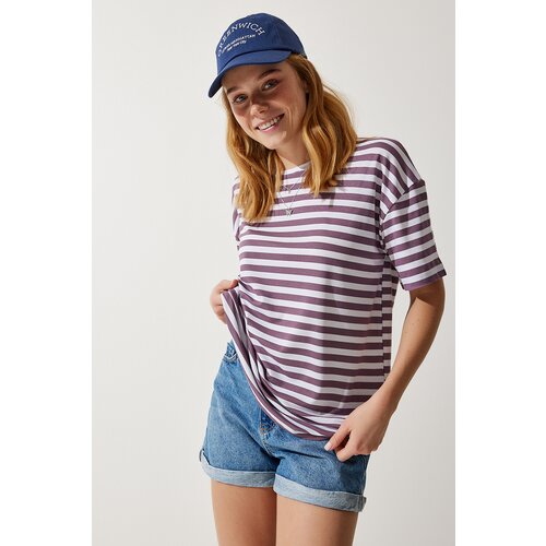 Happiness İstanbul women's lilac crew neck striped oversize knitted t-shirt Slike