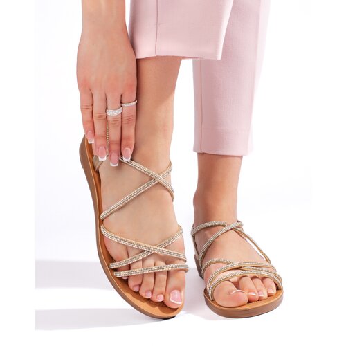 Shelvt Slip-on gold sandals with cubic zirconia Cene