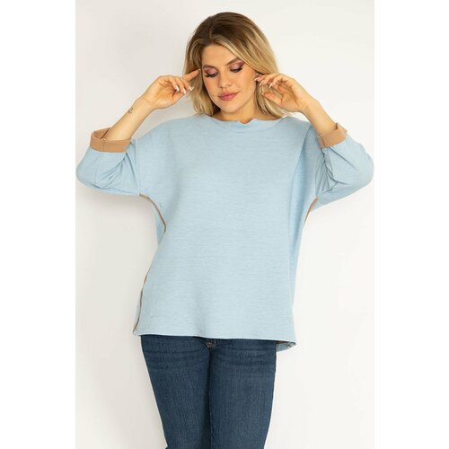 Şans Women's Plus Size Blue Piping Detailed Capri Sleeve Sweatshirt Slike