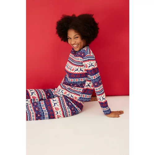 Trendyol Multicolored 100% Cotton Christmas Theme Tshirt-Pants, Knitted Pajamas Set