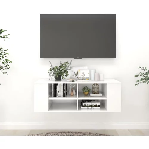 vidaXL Stenska TV omarica visok sijaj bela 102x35x35 cm iverna plošča