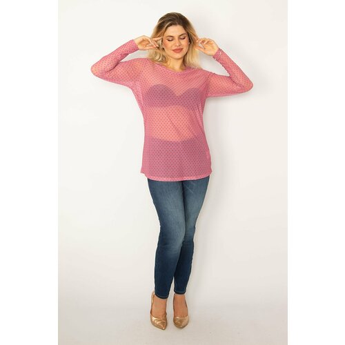 Şans Women's Plus Size Pink Patterned Tulle Blouse Slike