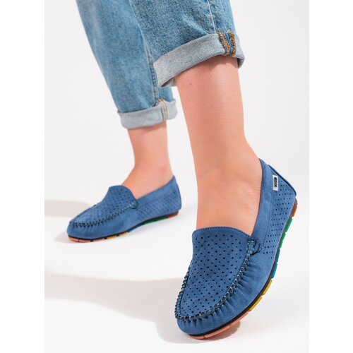 SHELOVET Suede women's openwork loafers blue Slike