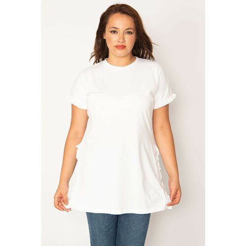 Şans Women's Plus Size White Cotton Fabric Side Slit Tunic Slike