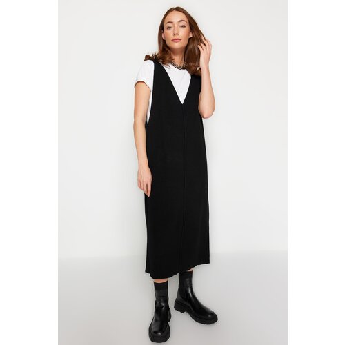 Trendyol Black Maxi Knitwear V-Neck Gilet Dress Cene