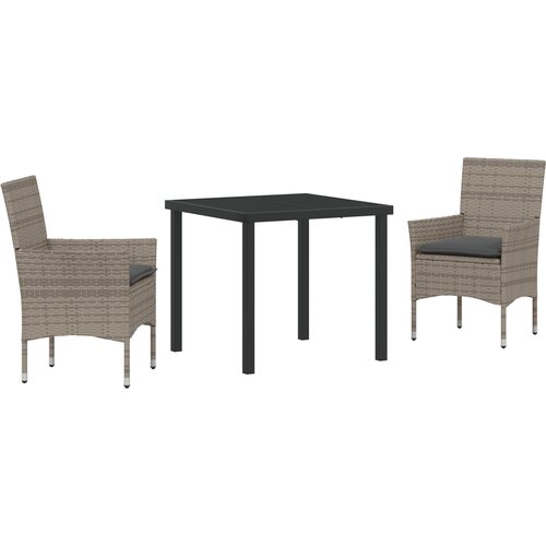 vidaXL 3-delni vrtni jedilni set z blazinami siva poli ratan, vrtna miza črna 80x80x73 cm kaljeno steklo Cene